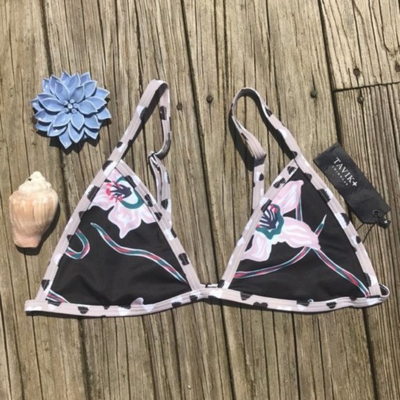 Black Blossom/Floral Print Tavik Jett Triangle Bikini Top - Picture 1 of 12